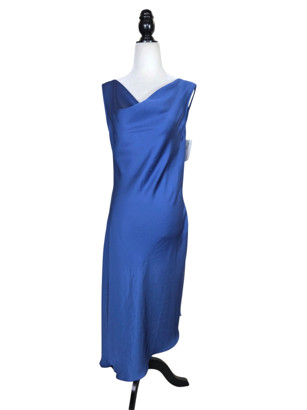 Amitié Satin Asymmetric Cowl-Neck Midi Dress in Royal Blue